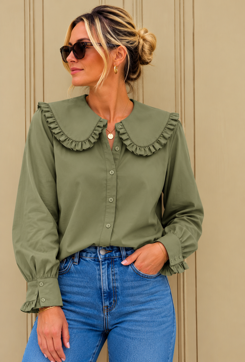 Sophie Cotton Shirt with Bib Collar - Khaki