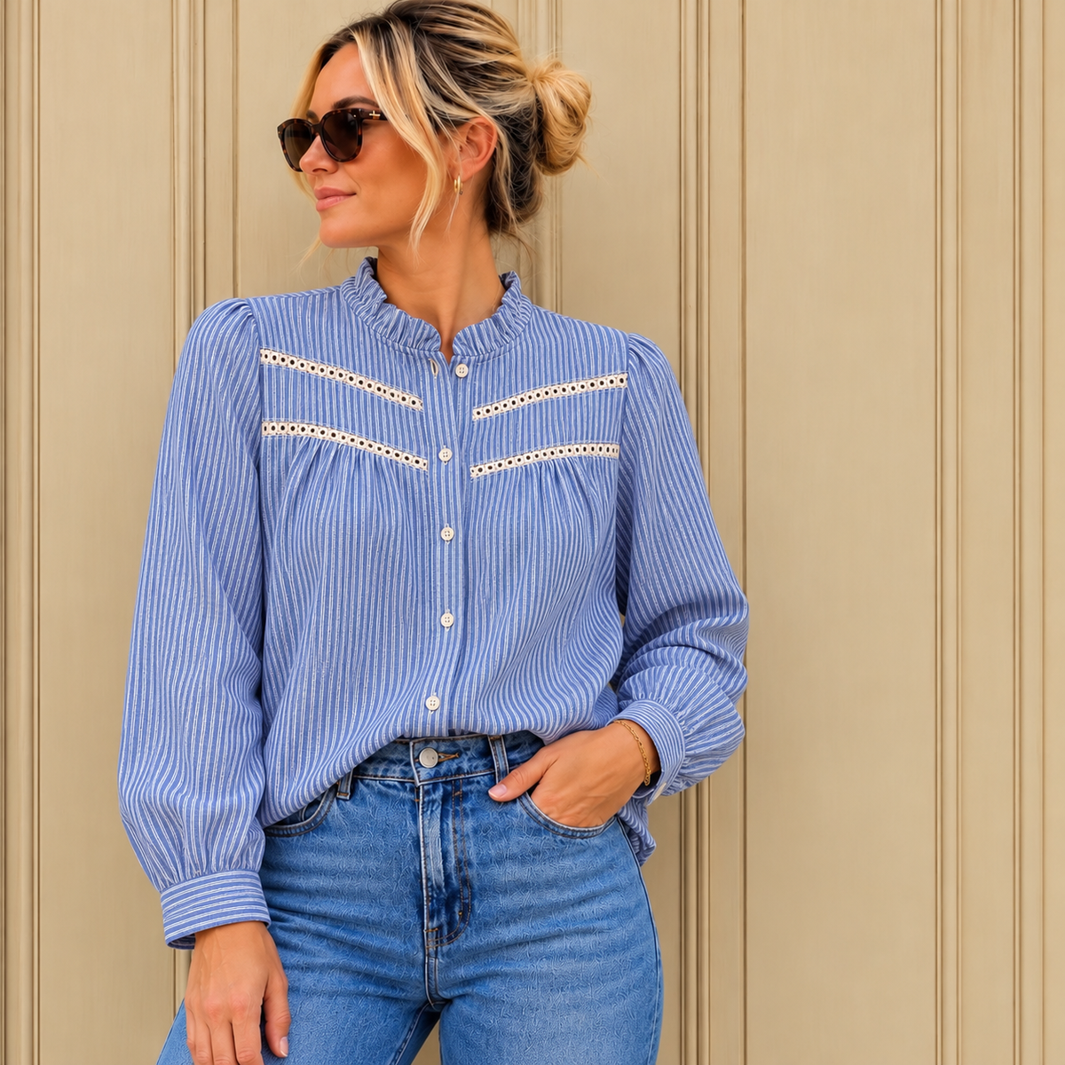Sophie Cotton Pin Stripe Top - Blue & White