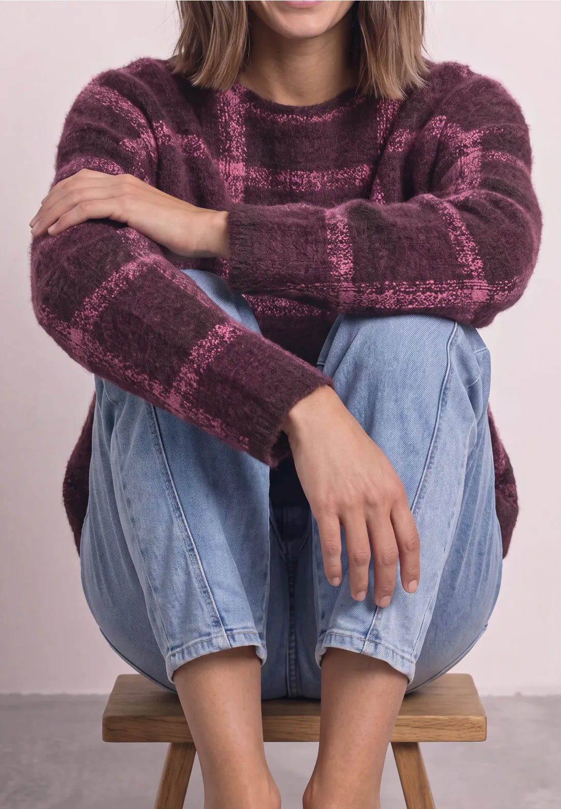 Street One Check Knit - Burgundy & Pink Mix