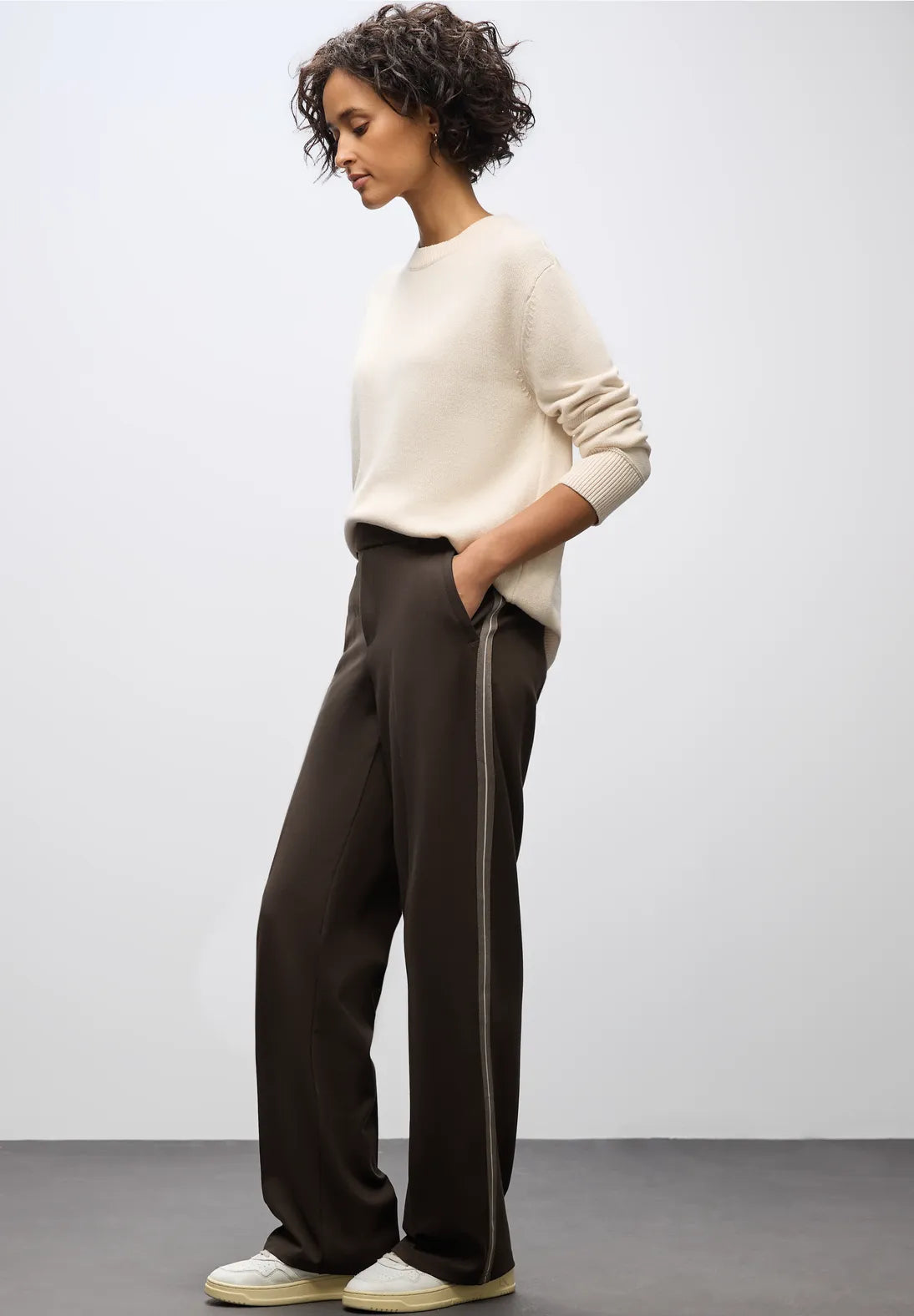 Street One Straight Leg High Waist Trousers Belt & Button Close Brown 30" Leg