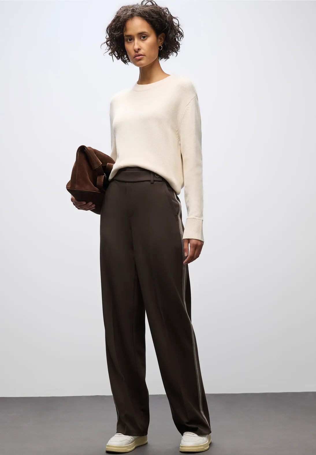 Street One Straight Leg High Waist Trousers Belt & Button Close Brown 30" Leg