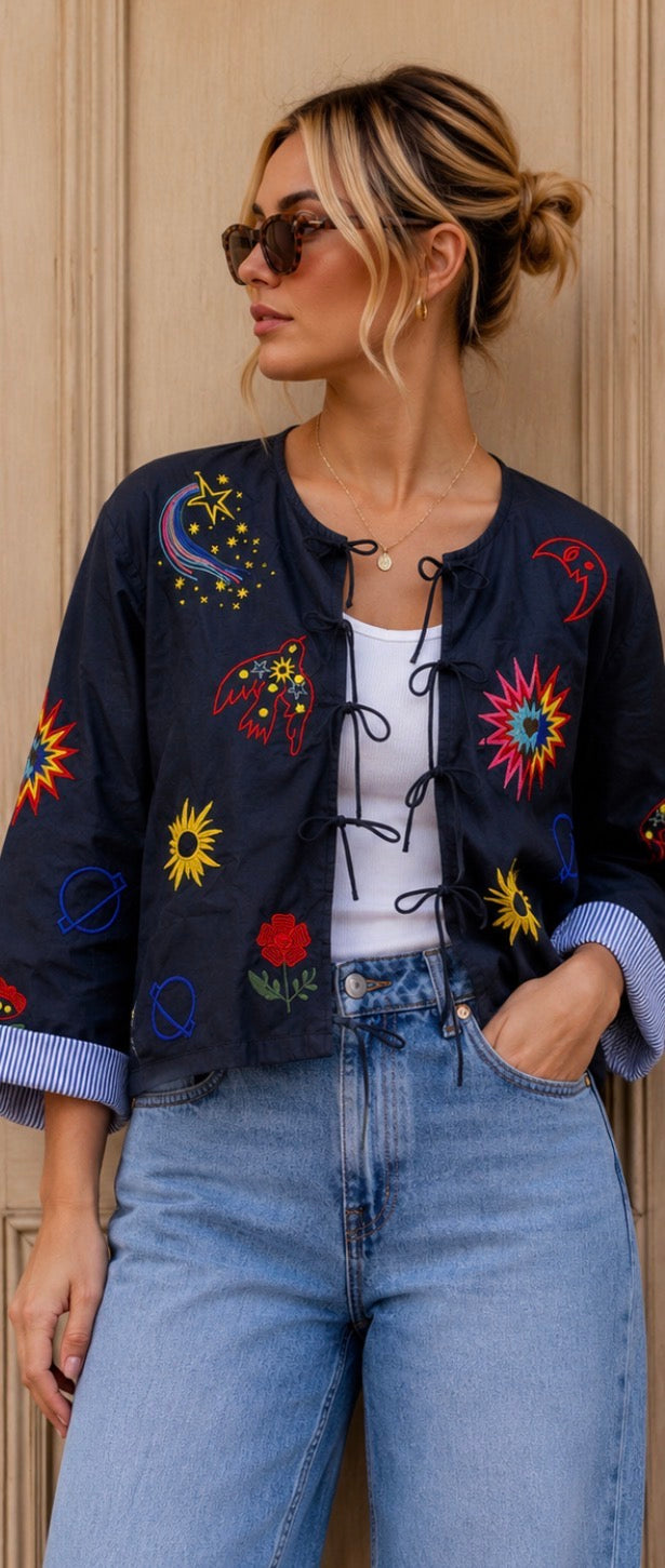Sophie Kimono Style Lightly Padded Jacket - Navy.