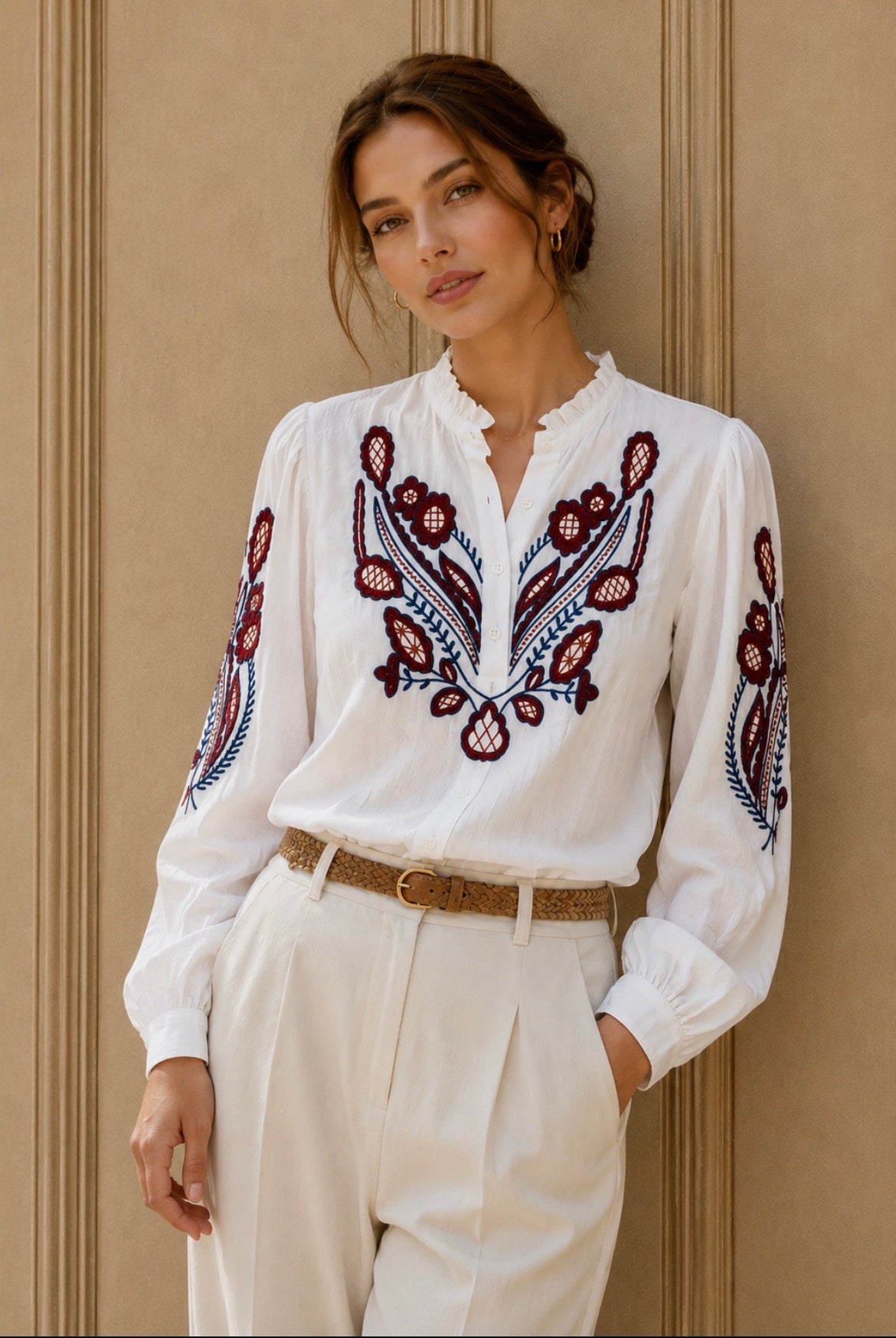 Sophie White Cotton Shirt with Embroidery - Red / Blue Mix.