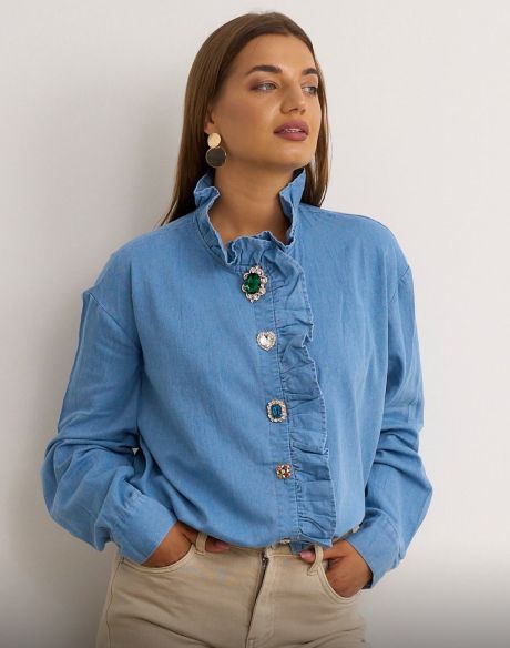 Kyla Denim Shirt with Diamonte Buttons