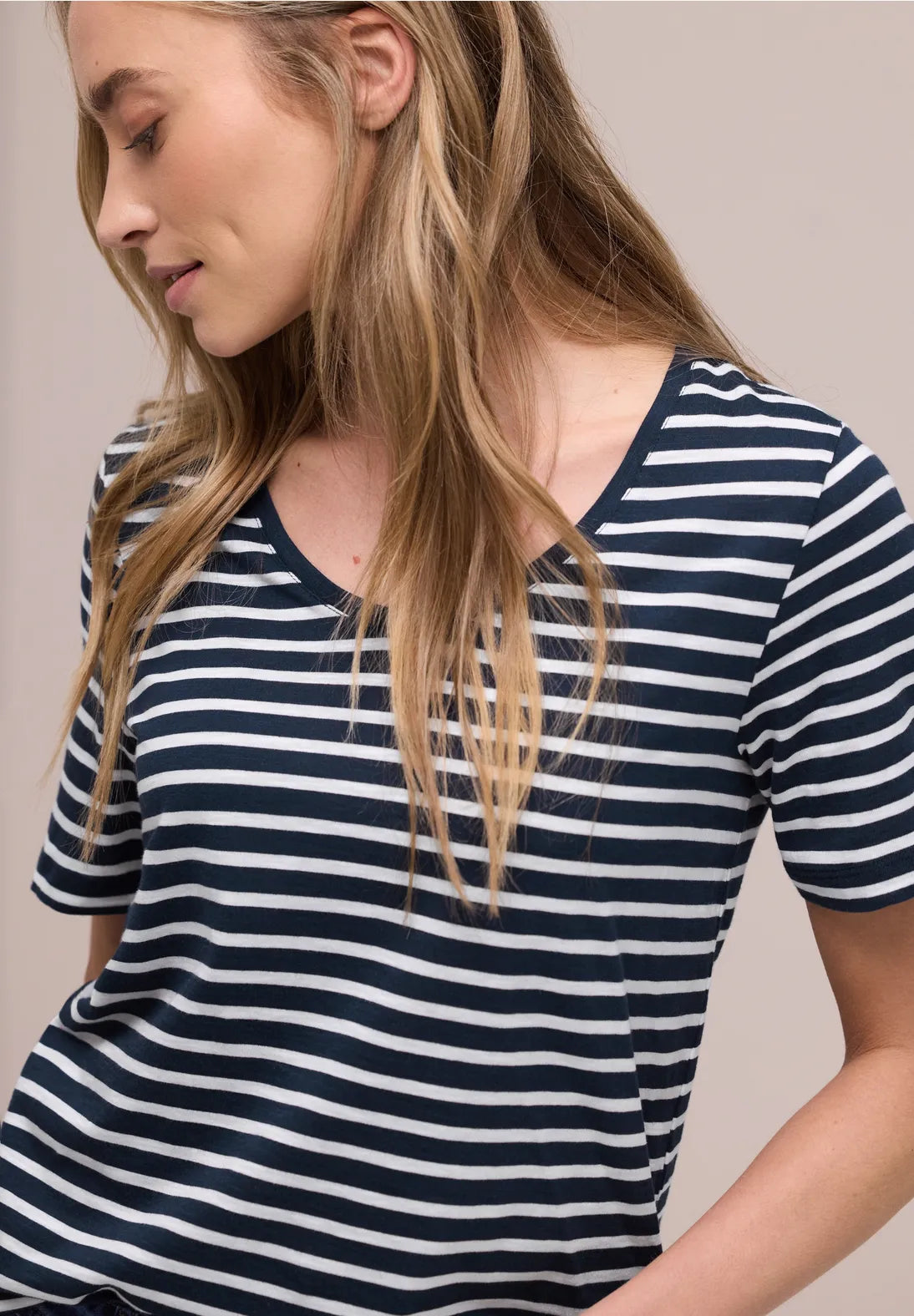 Street One Round V Neck T/Shirt - Navy & White Stripes.