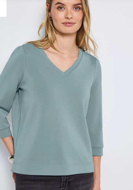 Street One V Neck Silk Look Shirt with Gathered Shoulder
