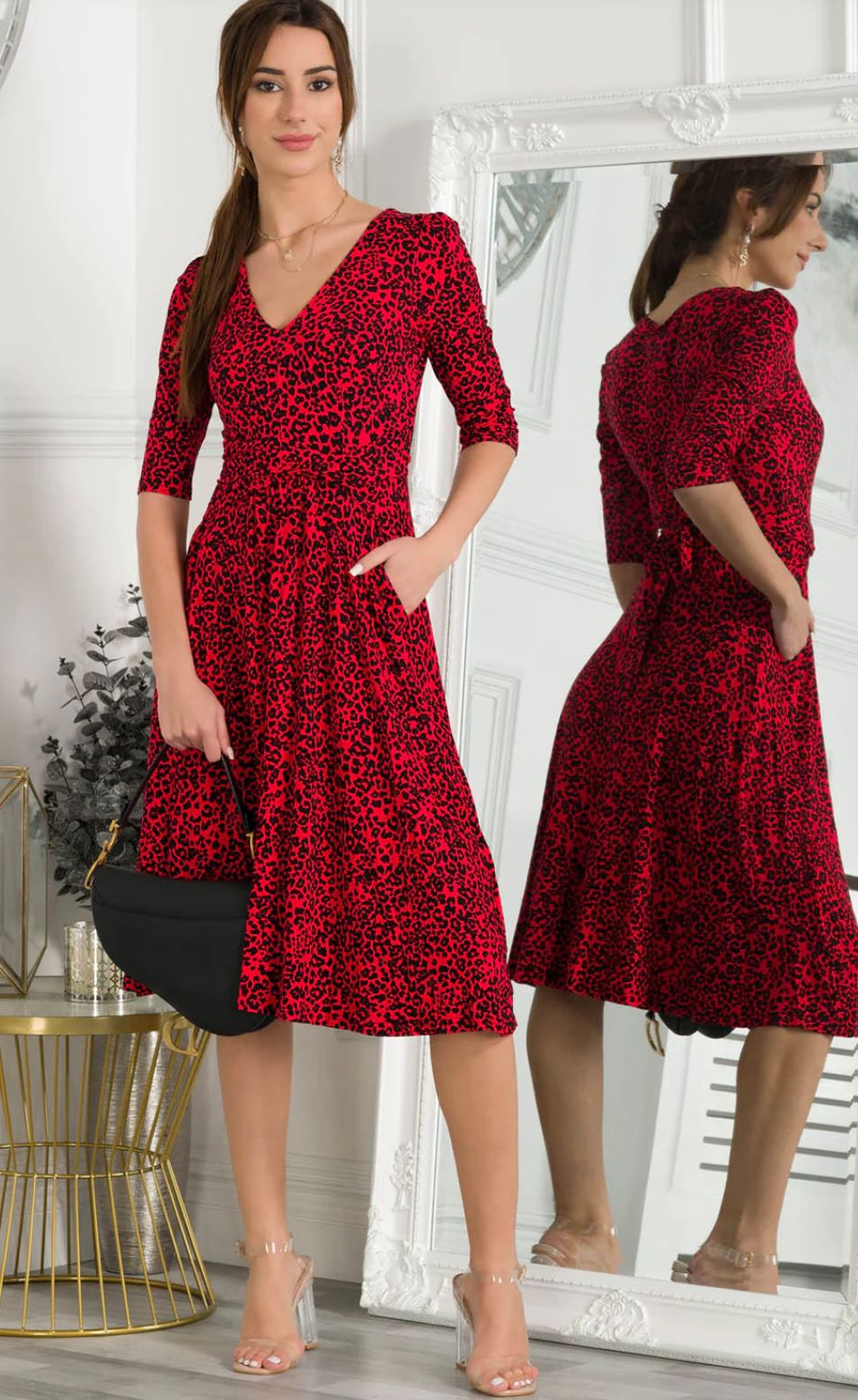 Jolie Moi Delylah V Neck Midi Dress, Red Leopard