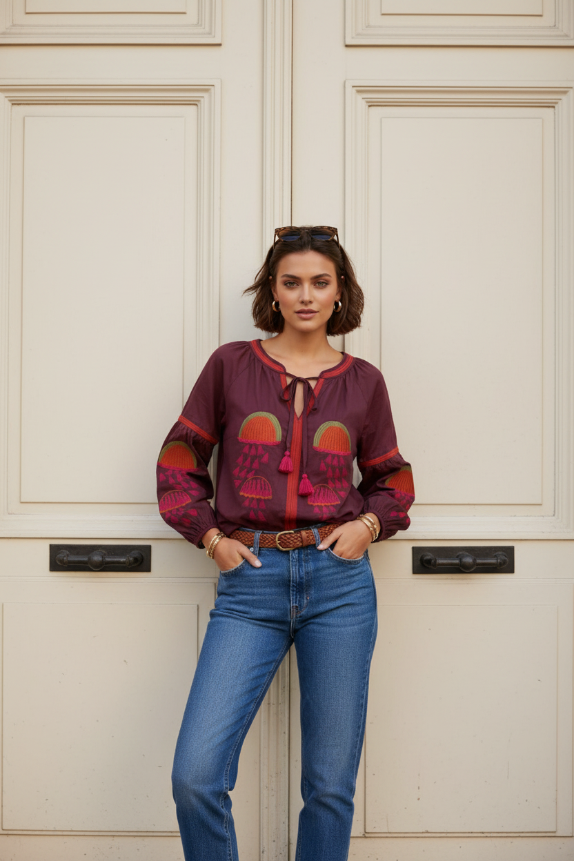 Sophie Paz Embroidered Blouse - Burgundy.