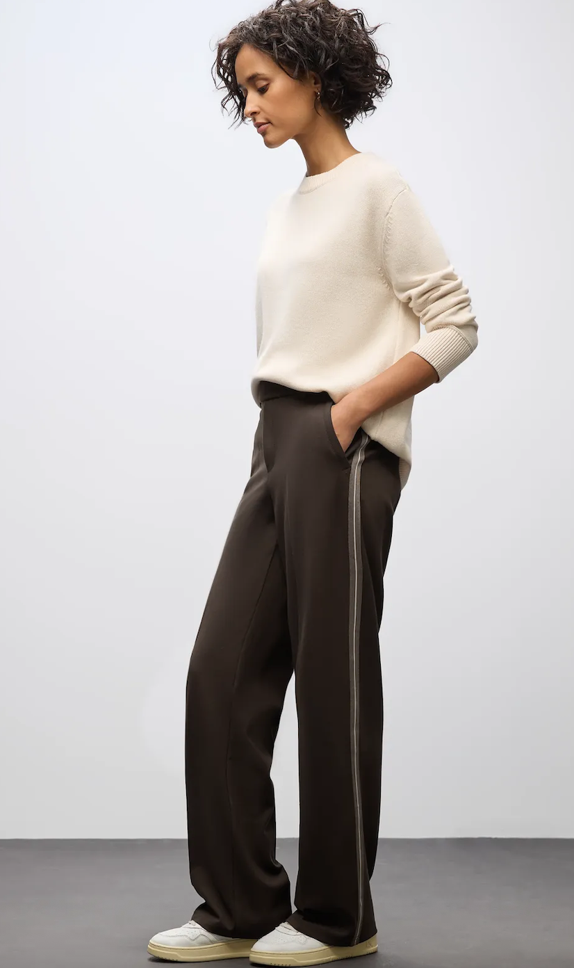 Street One Straight Leg High Waist Trousers Belt & Button Close Brown 30" Leg