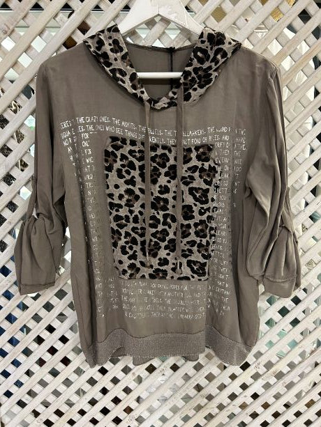 Kyla Long Sleeve Top with Leopard Print & Hood Taupe