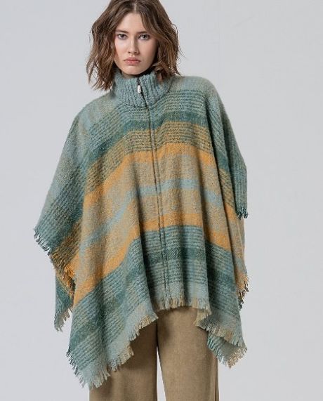 Surkana Plaid Poncho with Zipper - Blue