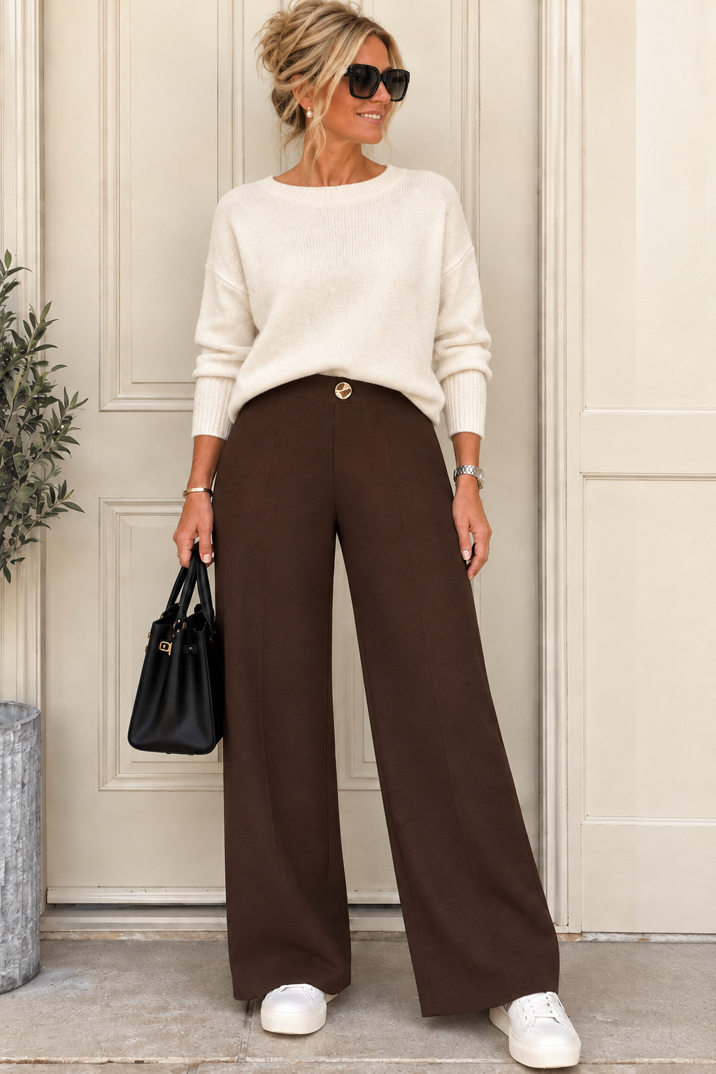 Kyla Pull on Trousers Gold Button - Brown.