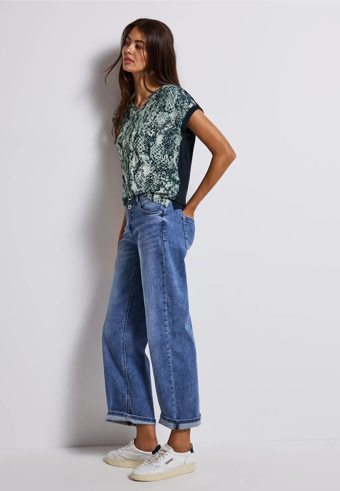 Street One V Neck T/Shirt with Snake Print - Blue Mix
