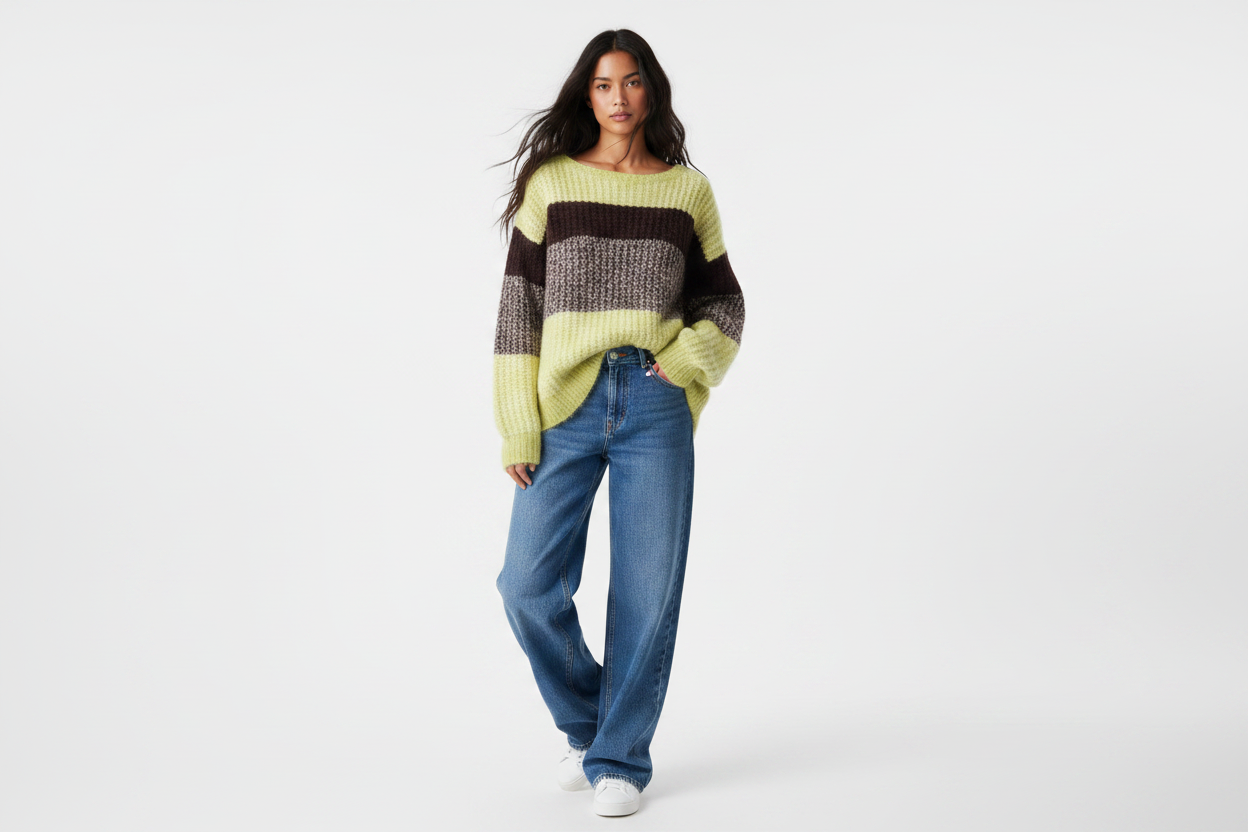 Yellow-Green, Aubergine & Grey-Brown Stripe Knit Jumper