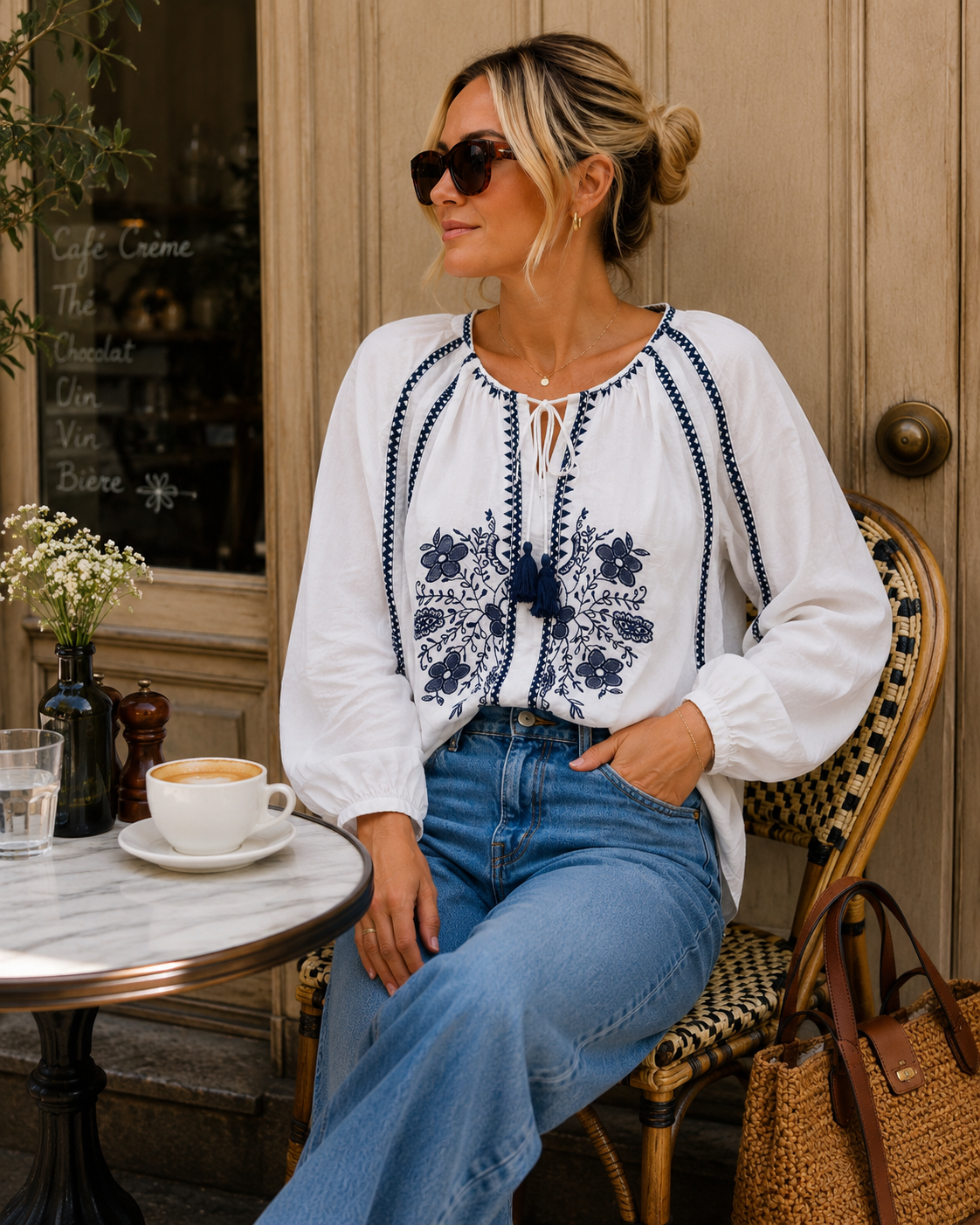 Sophie Navy Floral Embroidered Cotton Tunic - White & Navy
