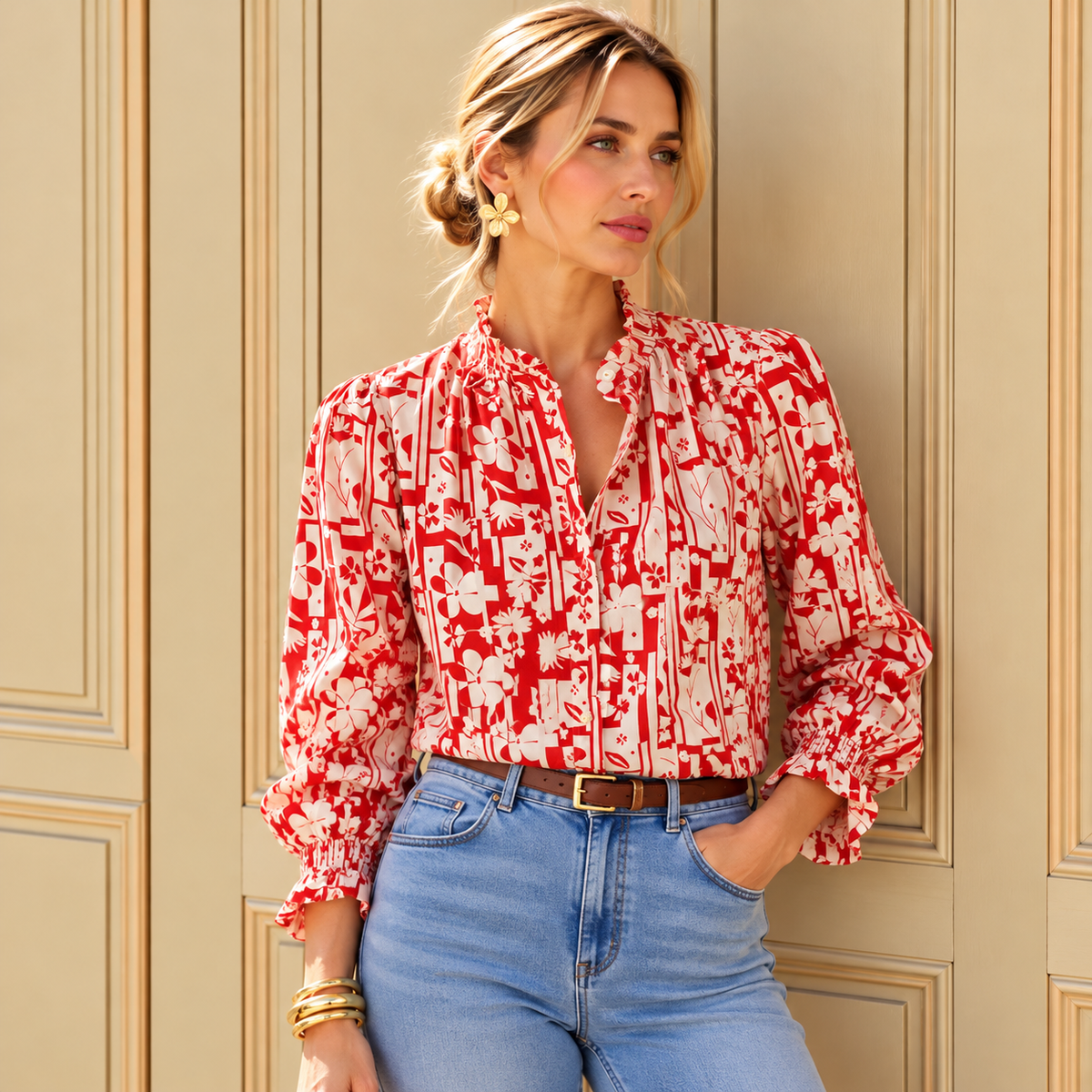 Sophie Cotton Geometric Blouse - Red & Cream Mix.