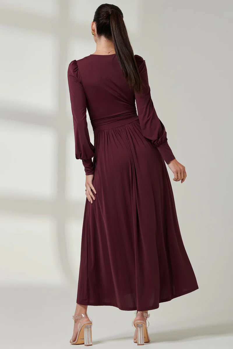 Jolie Moi Long Sleeve Soft Silky Jersey Maxi Dress-Burgundy