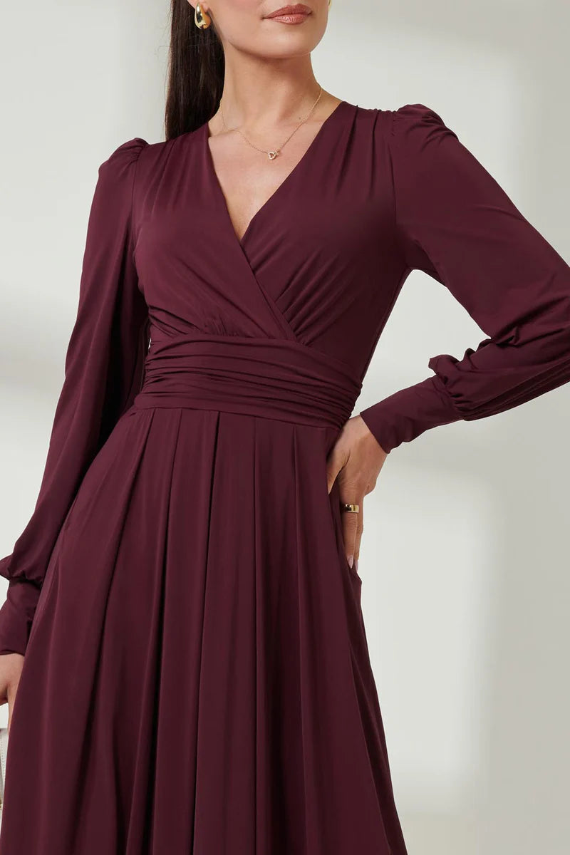 Jolie Moi Long Sleeve Soft Silky Jersey Maxi Dress-Burgundy