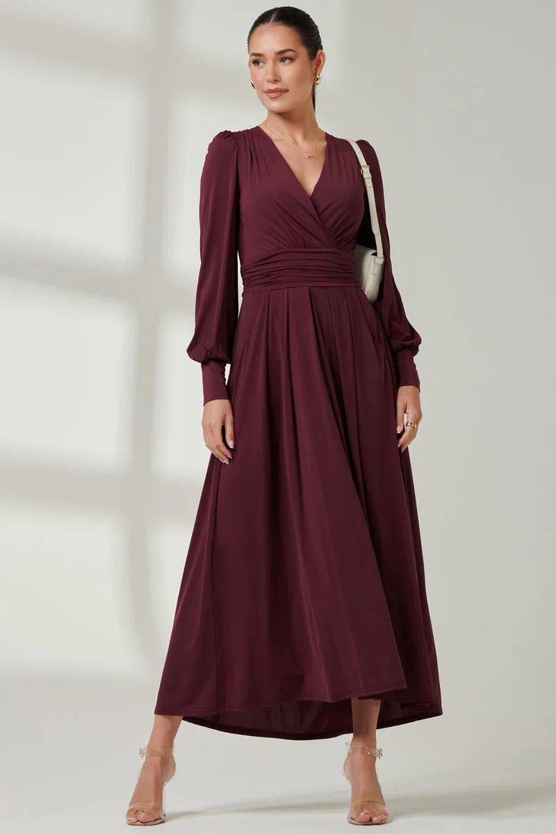 Jolie Moi Long Sleeve Soft Silky Jersey Maxi Dress-Burgundy