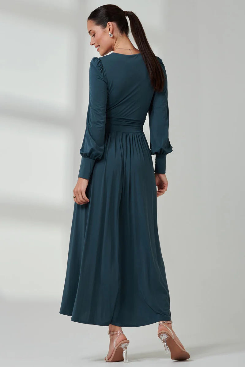 Jolie Moi Long Sleeve Soft Silky Jersey Maxi Dress-Dark Teal