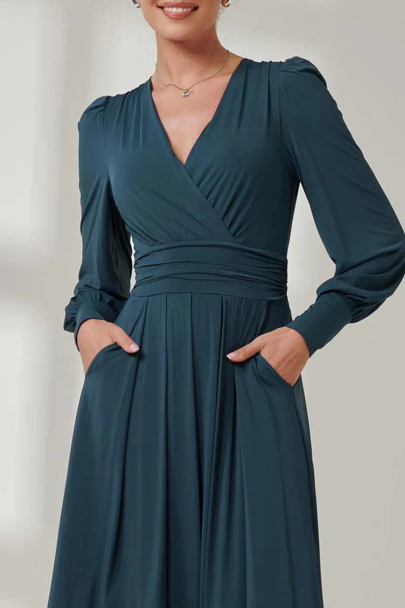 Jolie Moi Long Sleeve Soft Silky Jersey Maxi Dress-Dark Teal