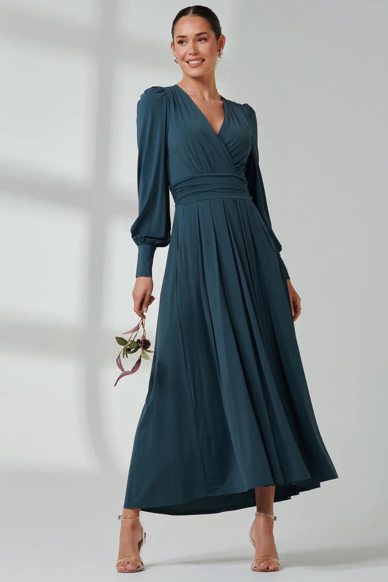 Jolie Moi Long Sleeve Soft Silky Jersey Maxi Dress-Dark Teal