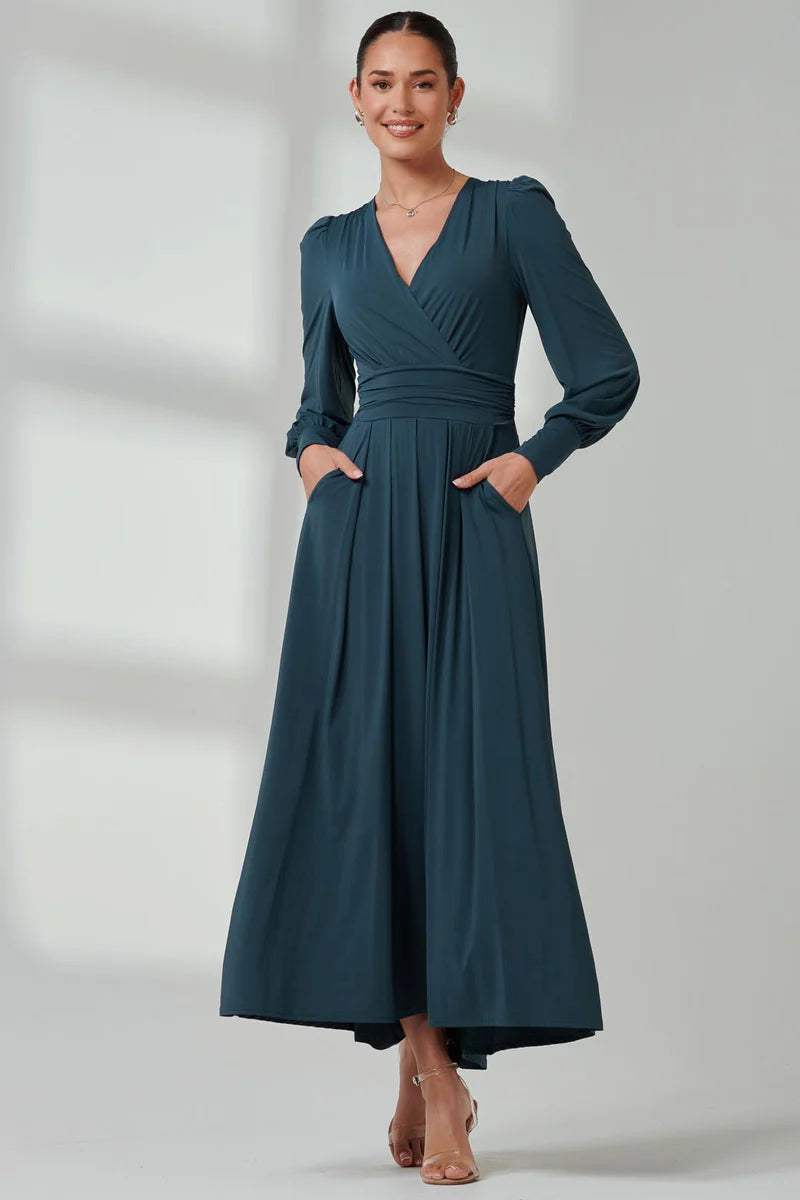 Jolie Moi Long Sleeve Soft Silky Jersey Maxi Dress-Dark Teal