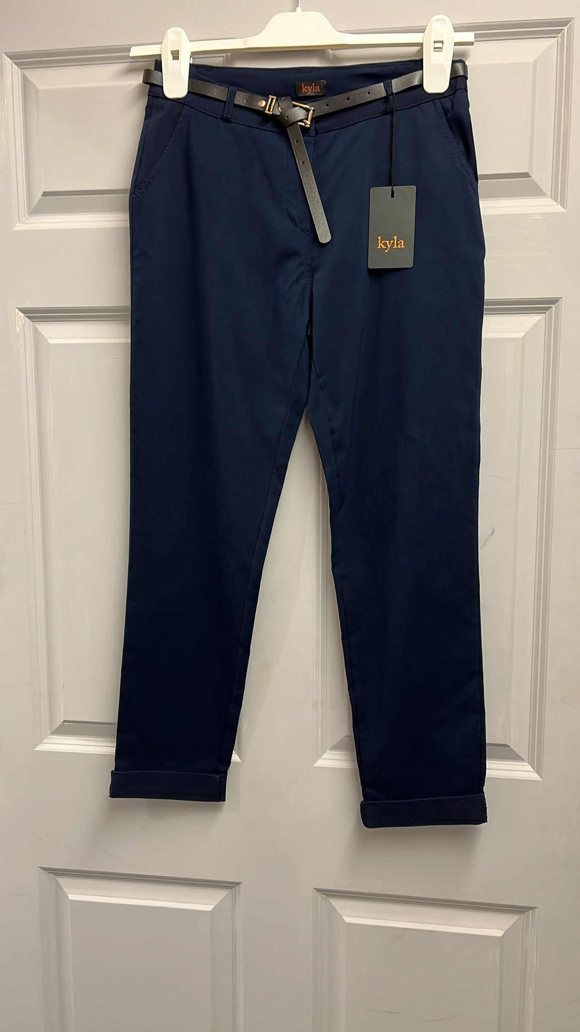 Kyla Trousers, 4 way stretch, pockets, turn up in Navy