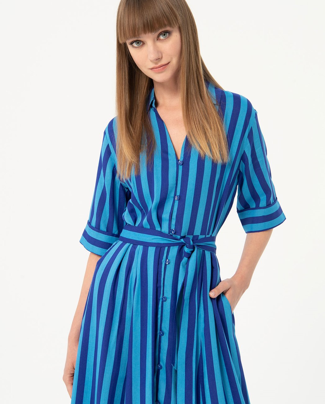 Surkana Long shirt dress with elbow sleeves-Blue