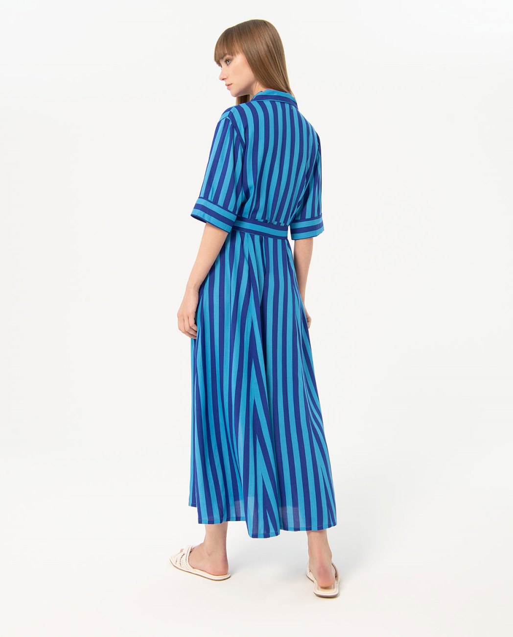 Surkana Long shirt dress with elbow sleeves-Blue