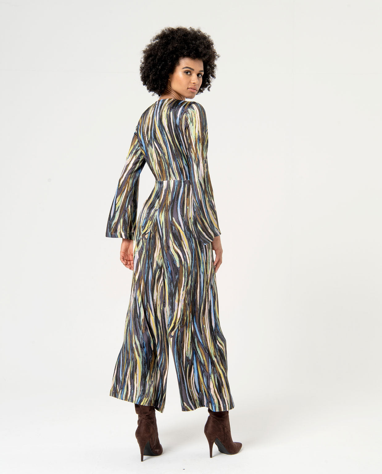 Surkana Printed Satin Flowing Jumpsuit Green