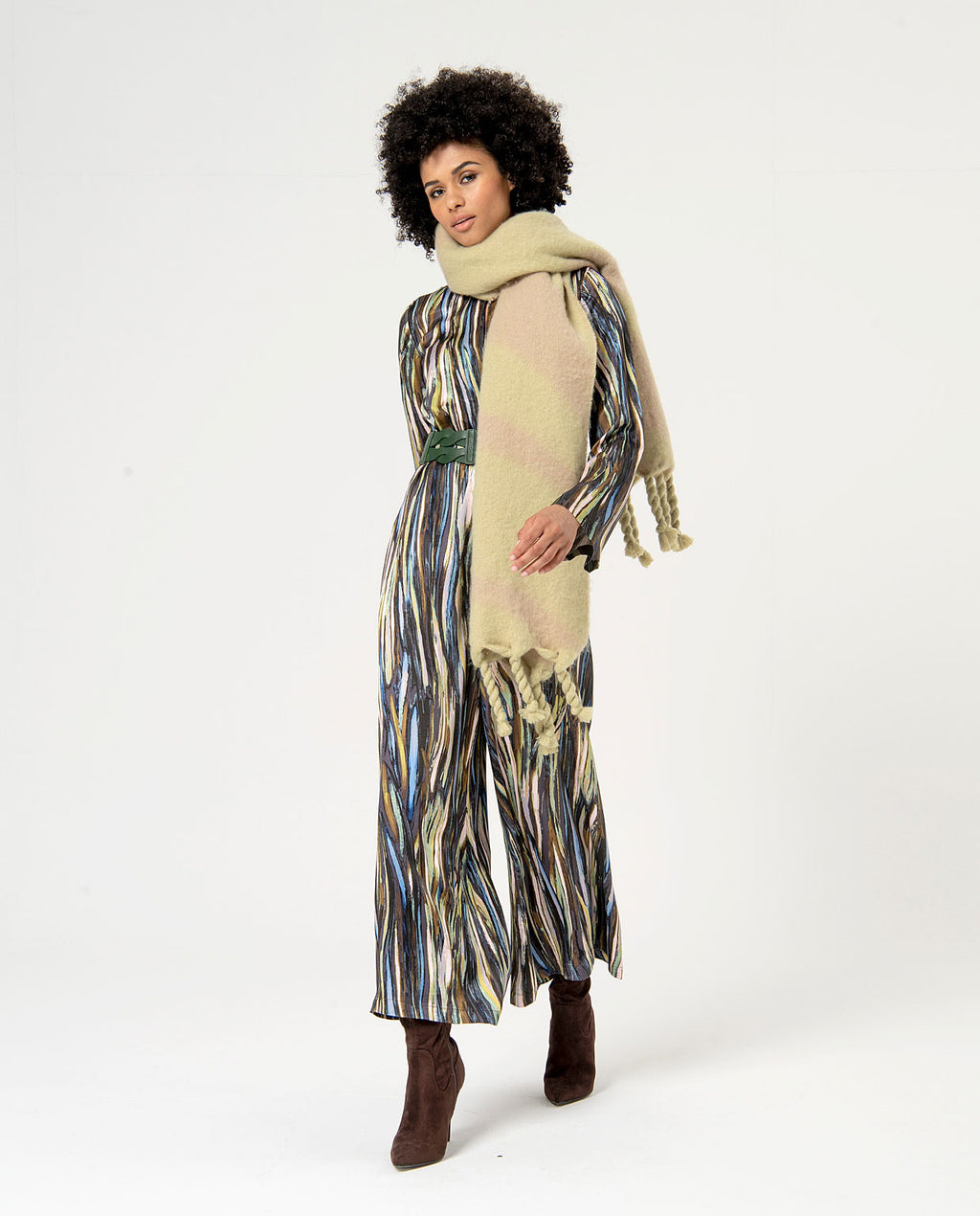Surkana Printed Satin Flowing Jumpsuit Green