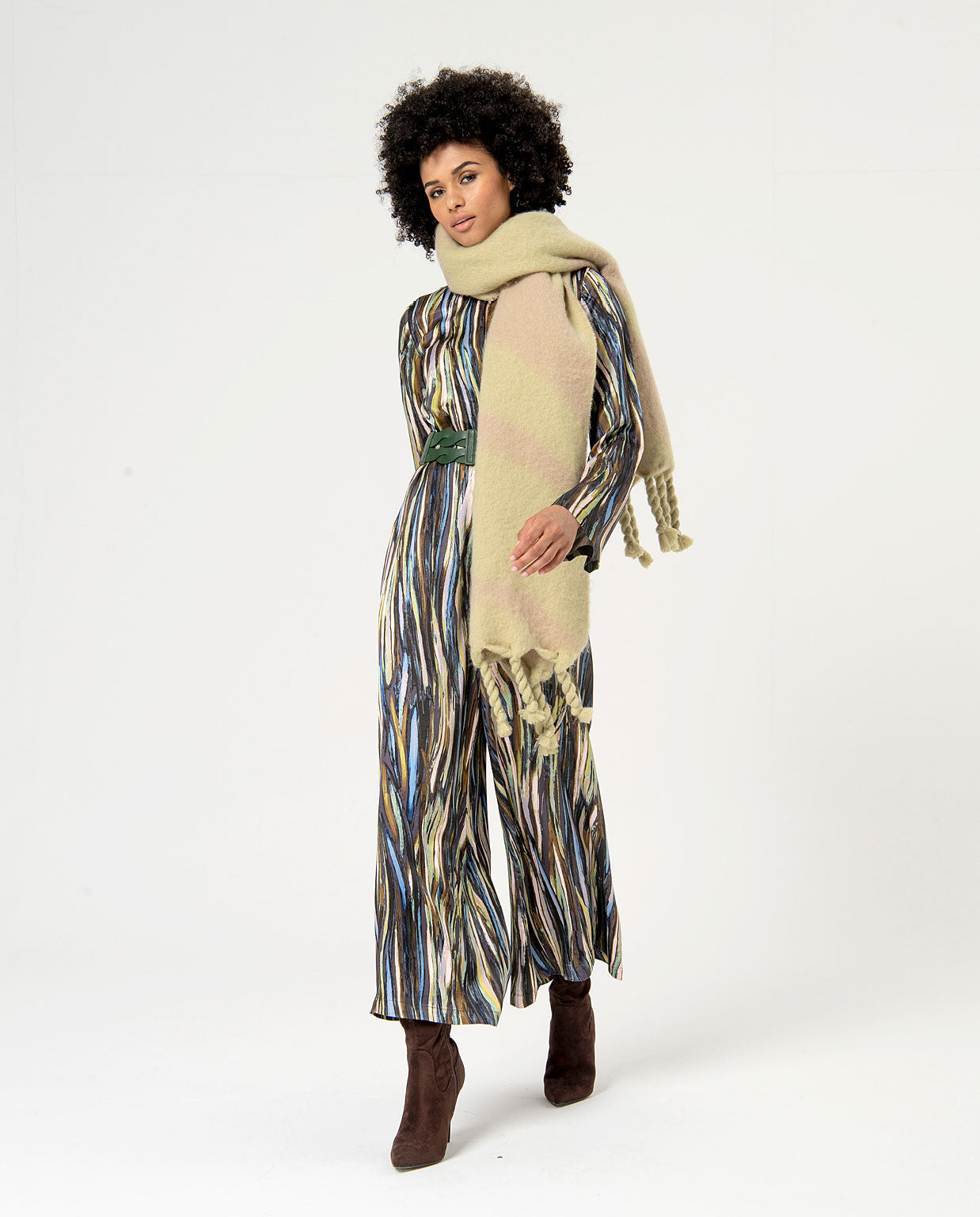 Surkana Printed Satin Flowing Jumpsuit Green