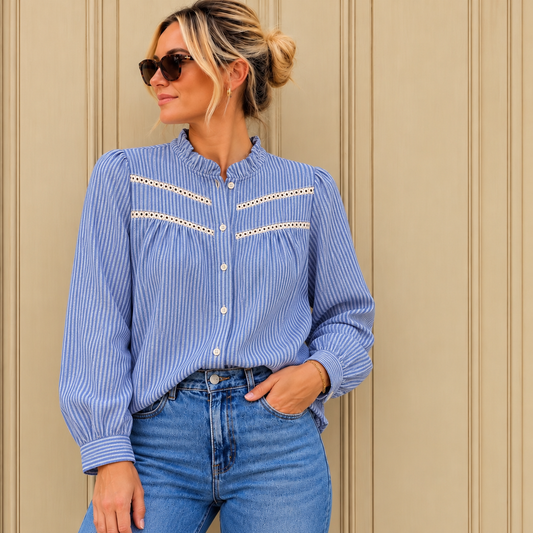 Sophie Cotton Pin Stripe Top - Blue & White