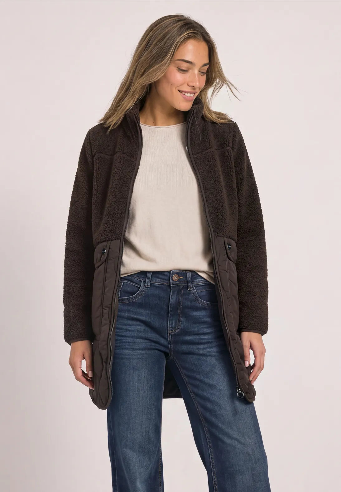 Street One Coat with Mixed Textures & Stand Up Collar - Brown.