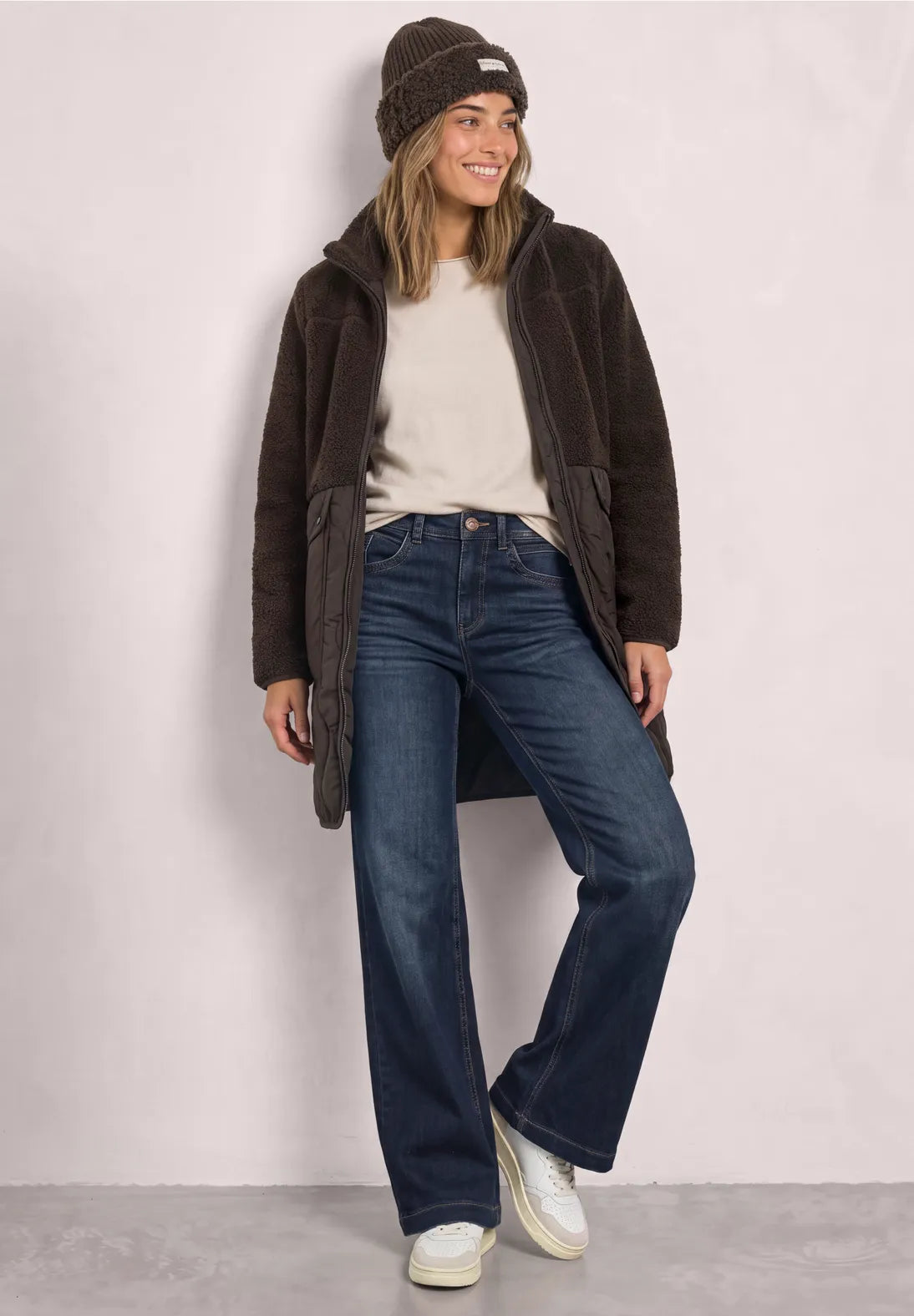 Street One Coat with Mixed Textures & Stand Up Collar - Brown.