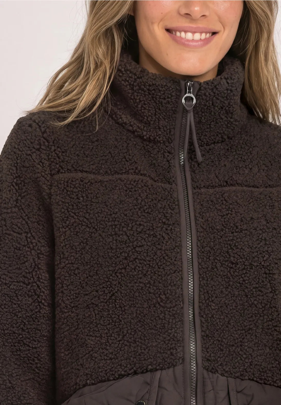 Street One Coat with Mixed Textures & Stand Up Collar - Brown.
