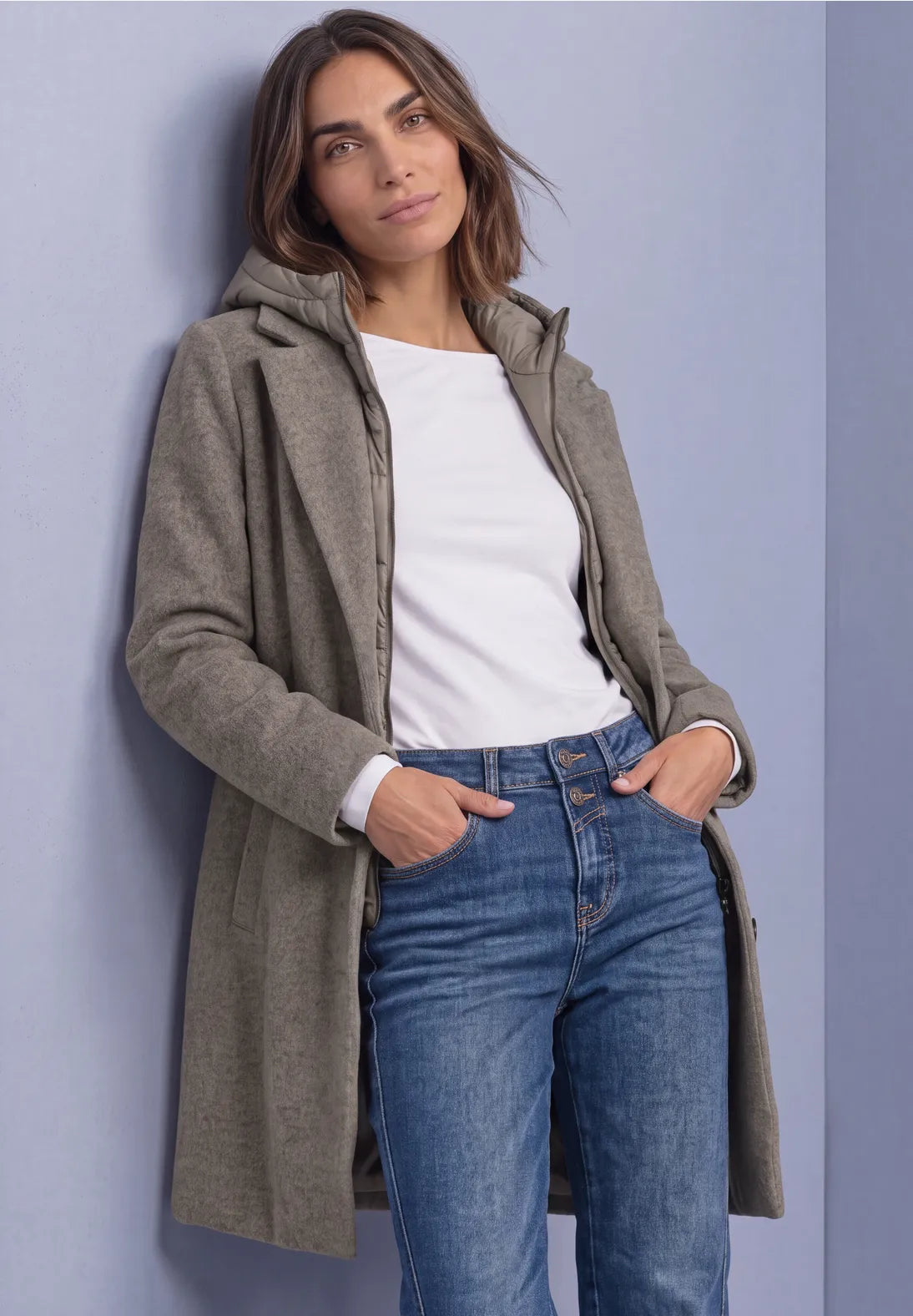 Street One Coat with Lapel & Hood - Mocha.