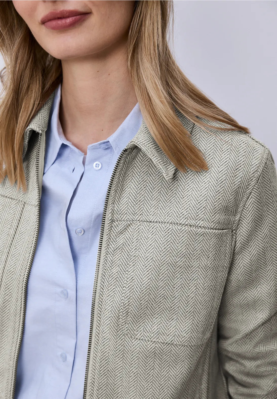 Street One Jacket with Herringbone Pattern & Zip - Beige.