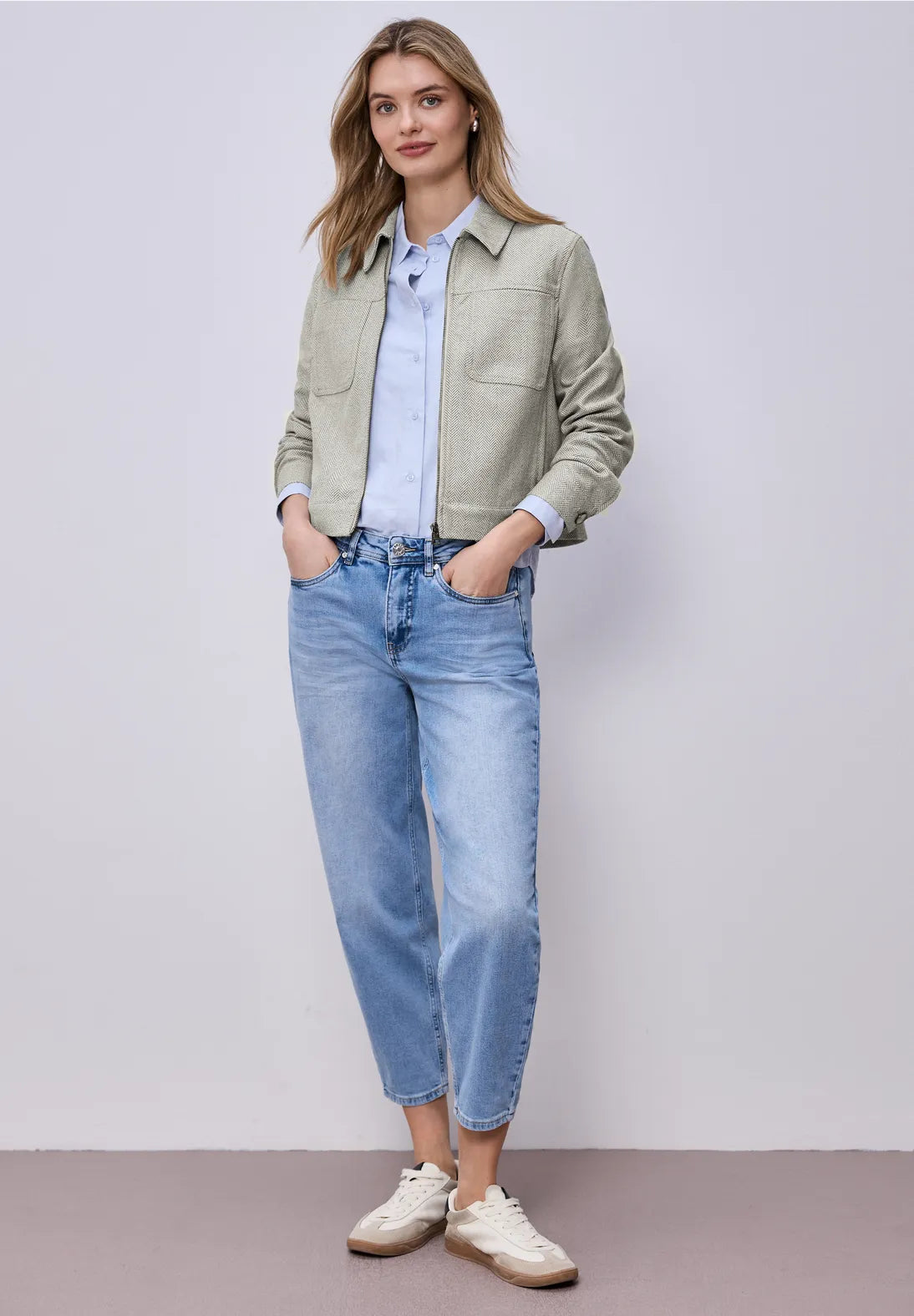 Street One Jacket with Herringbone Pattern & Zip - Beige.