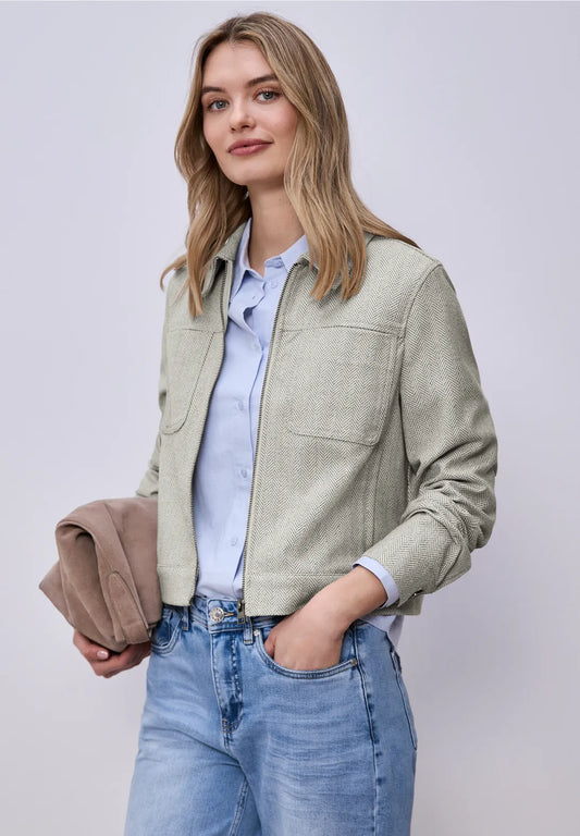 Street One Jacket with Herringbone Pattern & Zip - Beige.