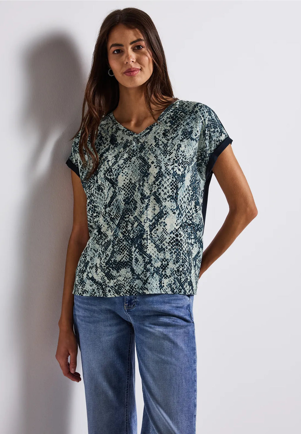 Street One V Neck Top with Snake Print - Blue Mix.