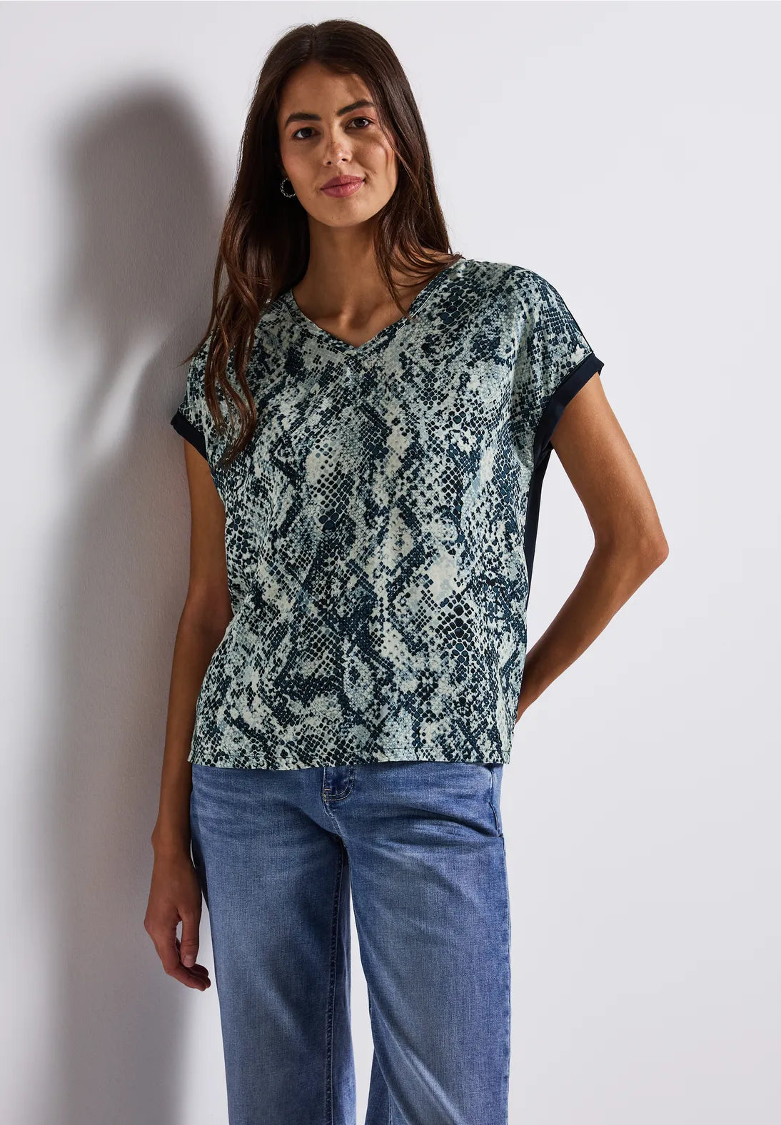 Street One V Neck Top with Snake Print - Blue Mix.