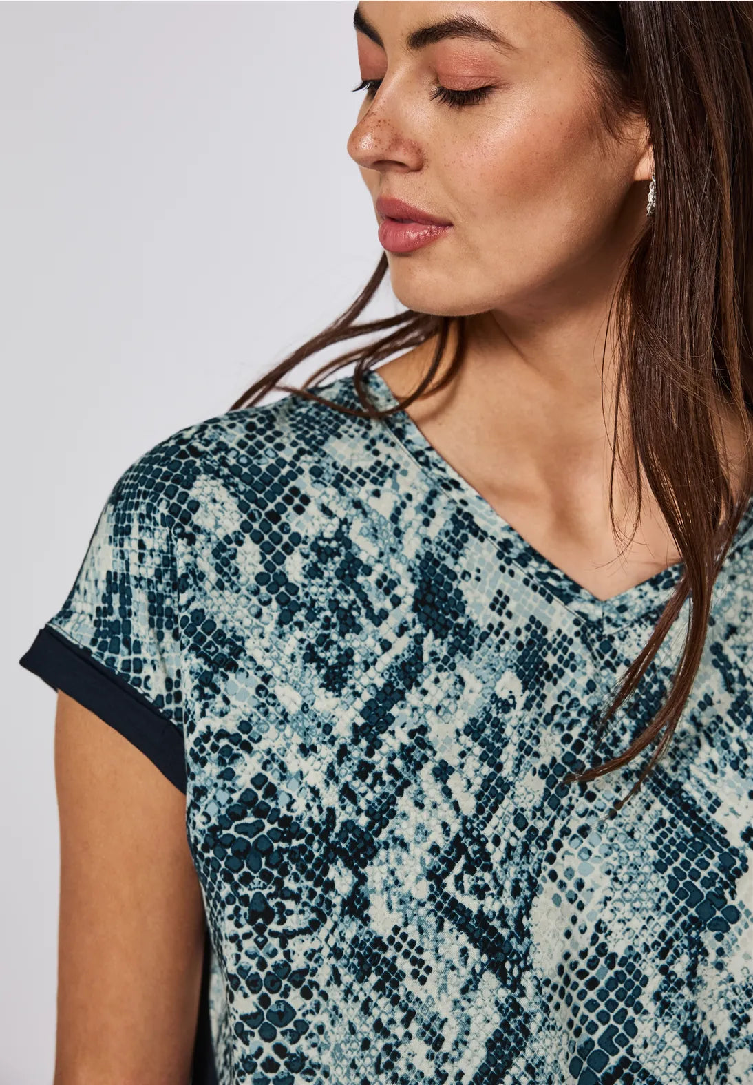 Street One V Neck Top with Snake Print - Blue Mix.