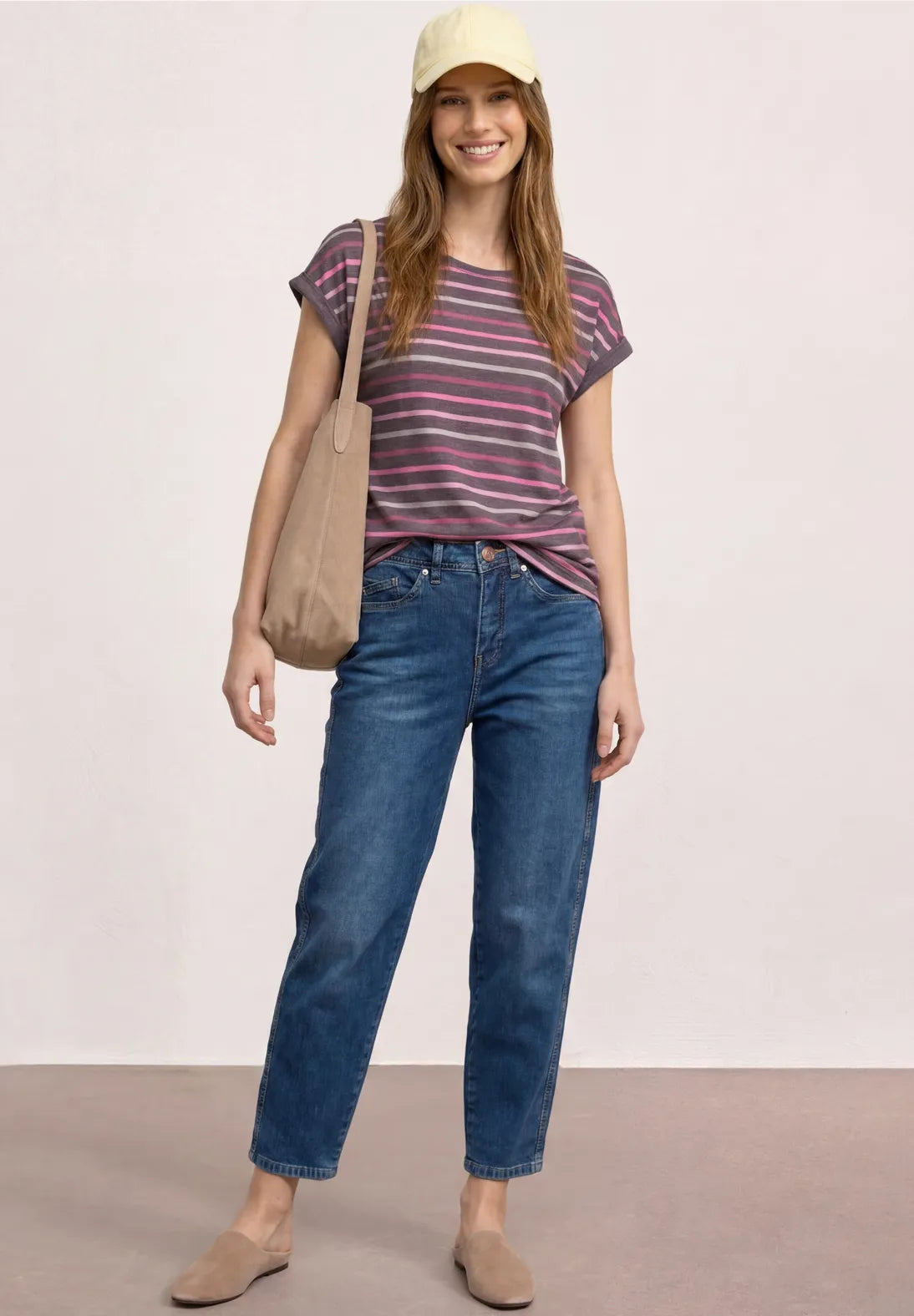 Street One Dropped Shoulder T/Shirt with Stripes - Pink Mix.