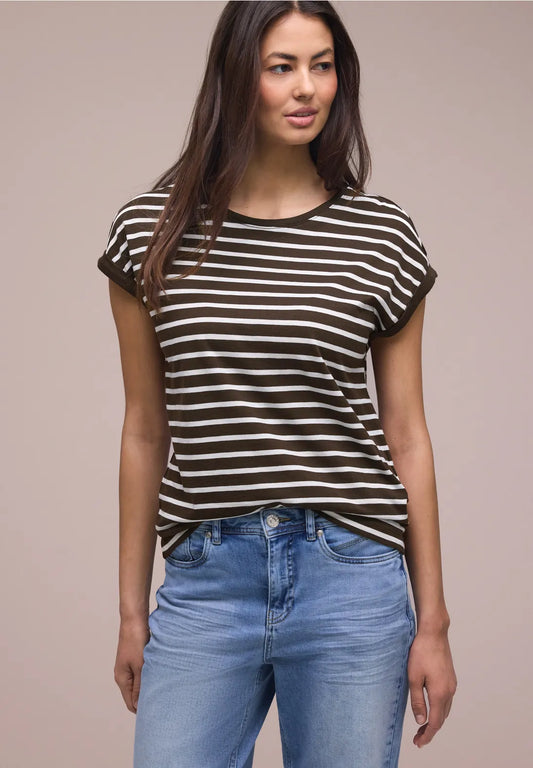Street One T/Shirt with dropped Shoulders & Stripes - Brown & White