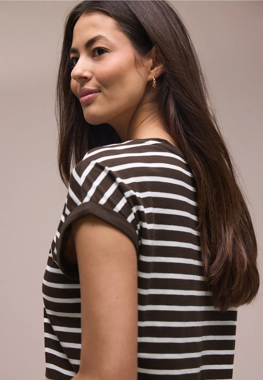 Street One T/Shirt with dropped Shoulders & Stripes - Brown & White