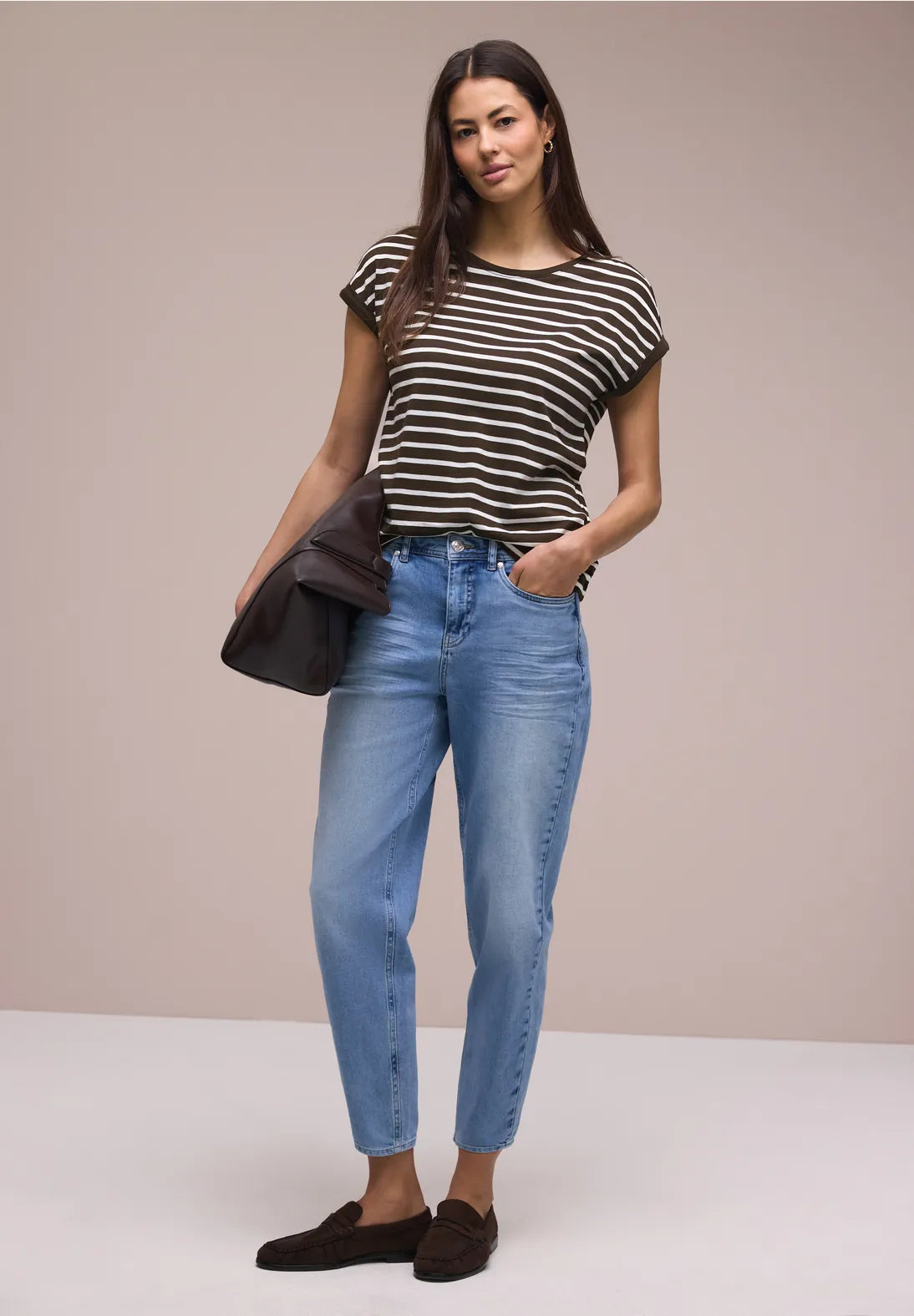 Street One T/Shirt with dropped Shoulders & Stripes - Brown & White