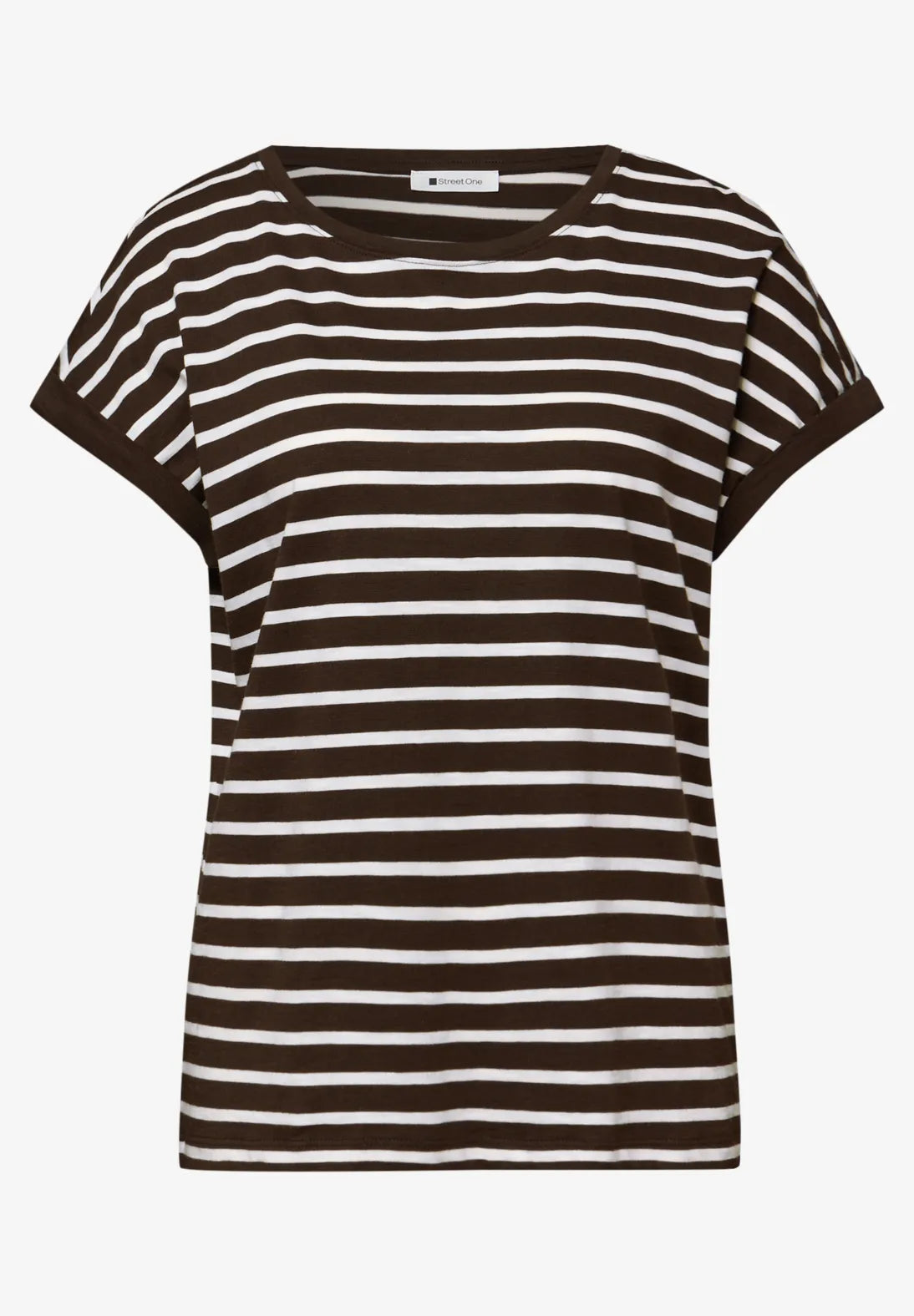 Street One Dropped Shoulder T/Shirt with Stripes - Brown & White.