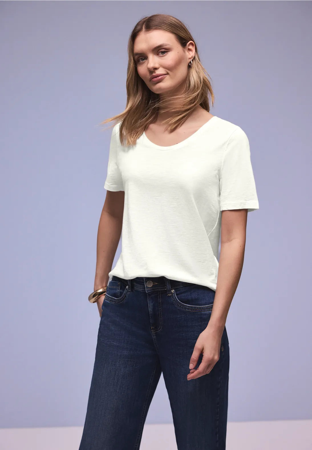 Street One Basic T/Shirt with a Rounded V Neck - White